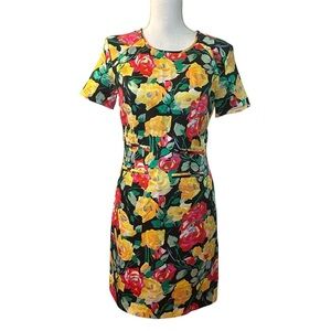 Valentino Roma 100% Silk Short Sleeve Floral Rose‎ Print Sheath Back Zip Dress